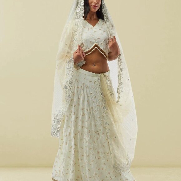 White Banarasi Georgette Lehenga with Lace | Muvvas Boutique - Picture 3 of 6